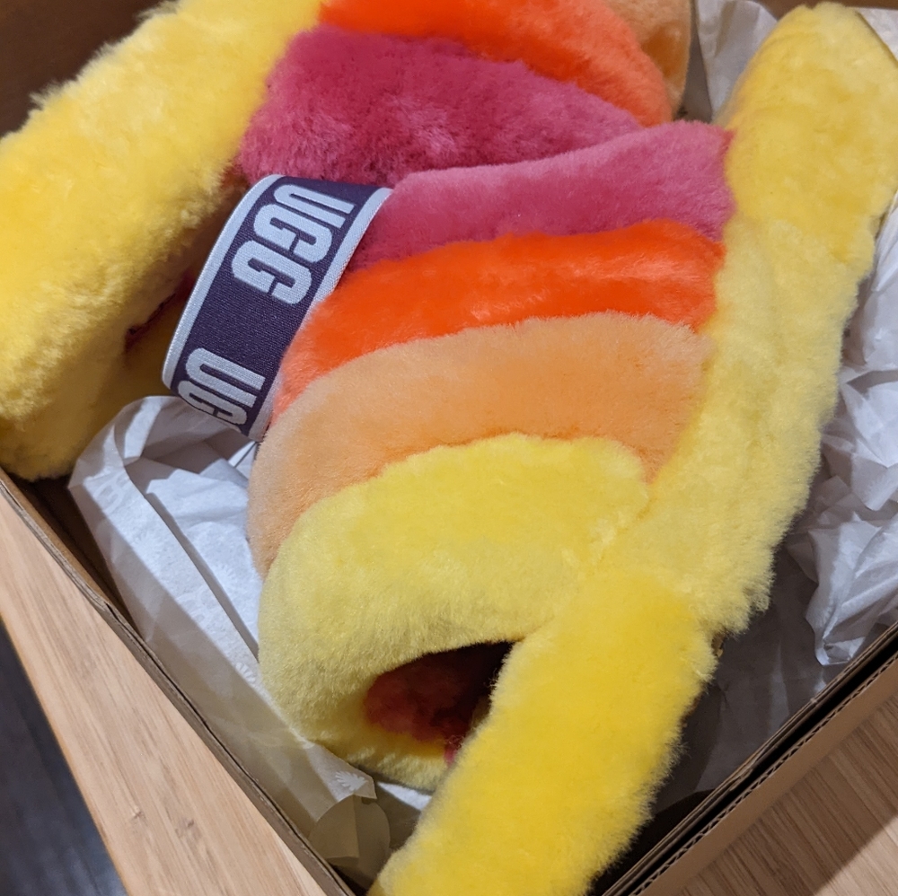 UGG Rainbow Fluff Slide in Yellow, Pink, Orange